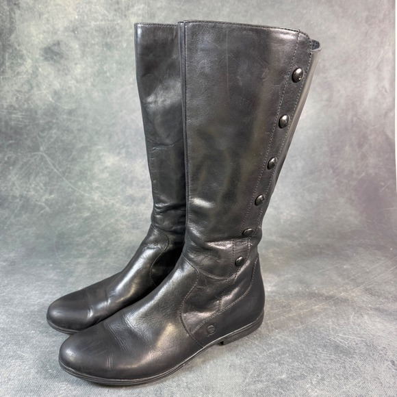 Born Black Leather Knee High Riding Boots Women's Size 7 Button Detail - Picture 1 of 10